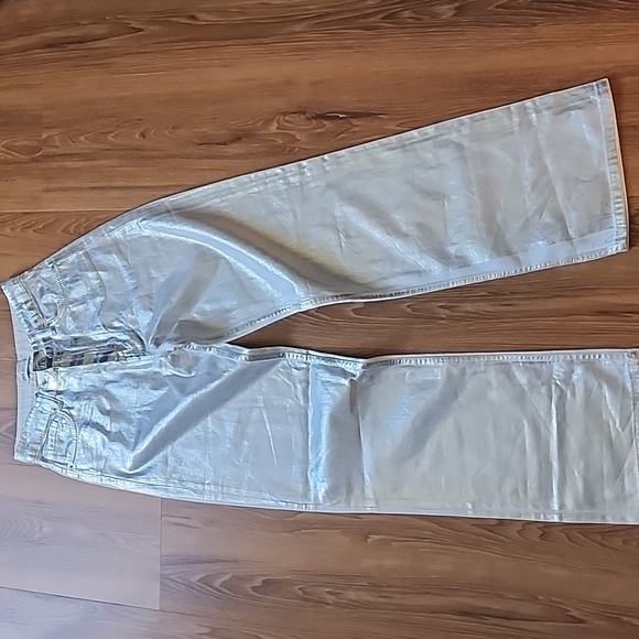 Zara Metallic Silver Foil Jean Ultra High Waist Straight Wide A Blogger Fav! - Picture 8 of 16